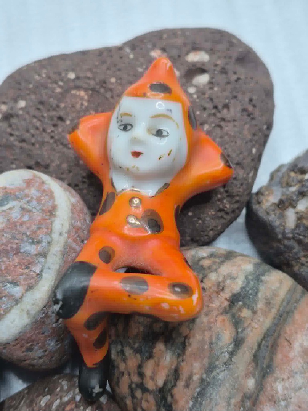 Rare MCM Polkadot Pixie Figurine - Miniature Elf in Orange Polkadots 1950s Japan